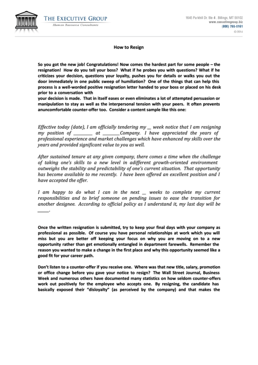 Sample Resignation Letter Printable pdf