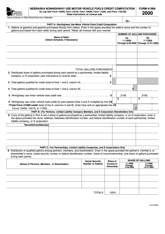 Form 4136n Nebraska Nonhighway Use Motor Vehicle Fuels Credit Printable pdf