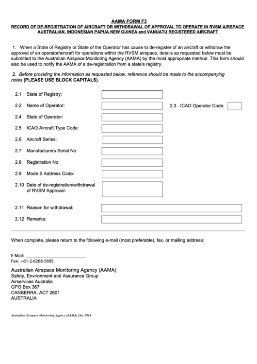 Fillable Aama Form F3 Record Of Withdrawal Of Approval - Airservices Australia Printable pdf
