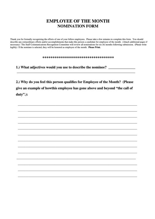 Fillable Employee Of The Month Nomination Form Printable pdf