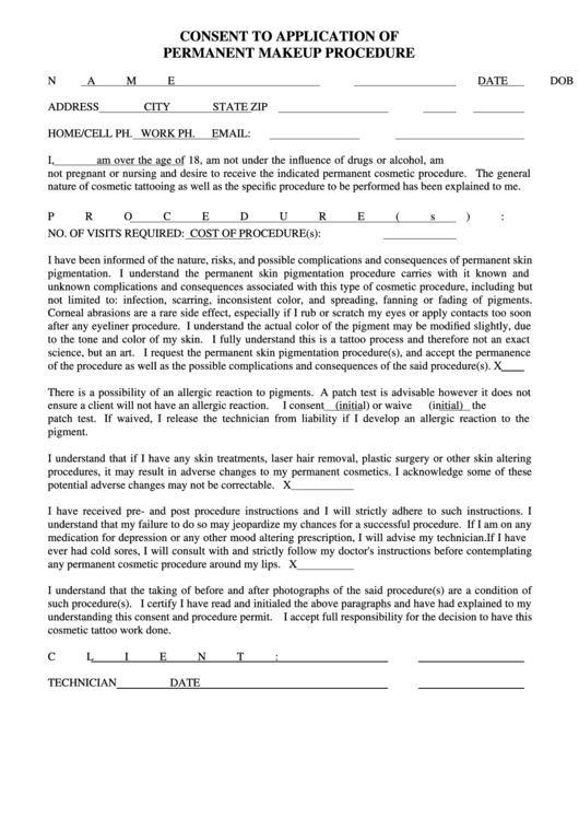 Consent To Application Of Permanent Makeup Procedure Printable pdf