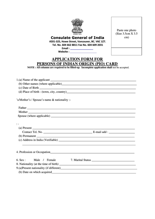Application Form For Persons Of Indian Origin Pio Card Printable Pdf Download