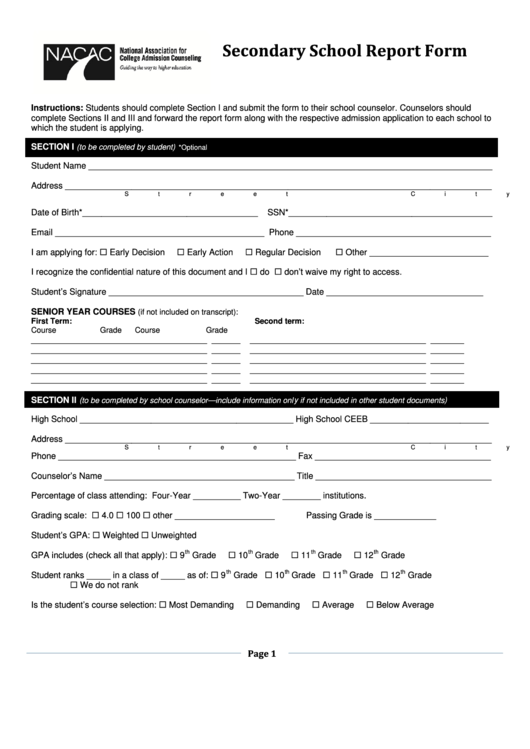 Secondary School Report Form Printable pdf