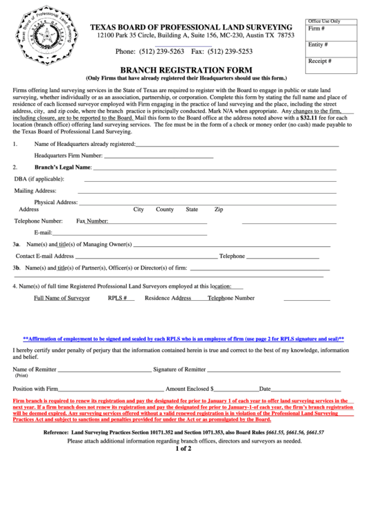 Branch Registration Form - Texas Board Of Professional Land Surveying 