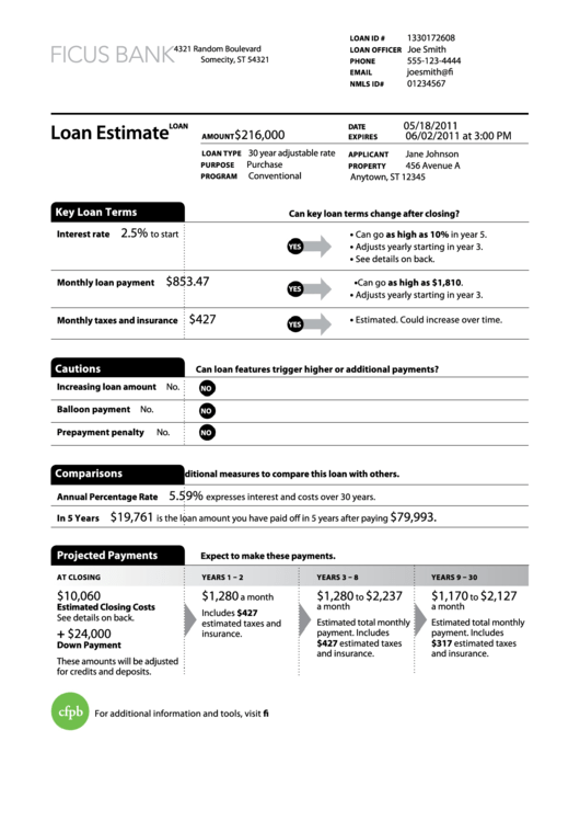 Ficus Bank Loan Estimate Sample Printable pdf