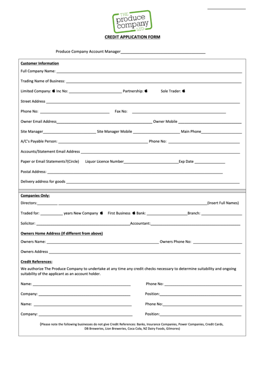 Credit Application Form - Produce Company Printable pdf