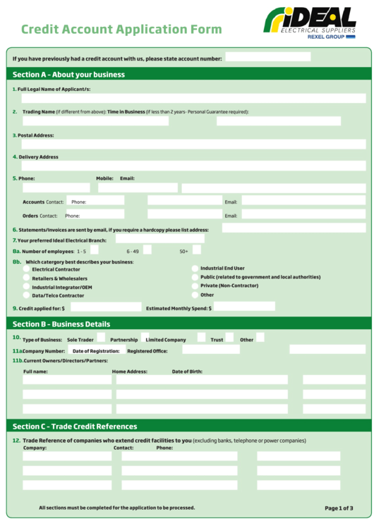 Credit Account Application Form - Ideal Electrical Printable pdf