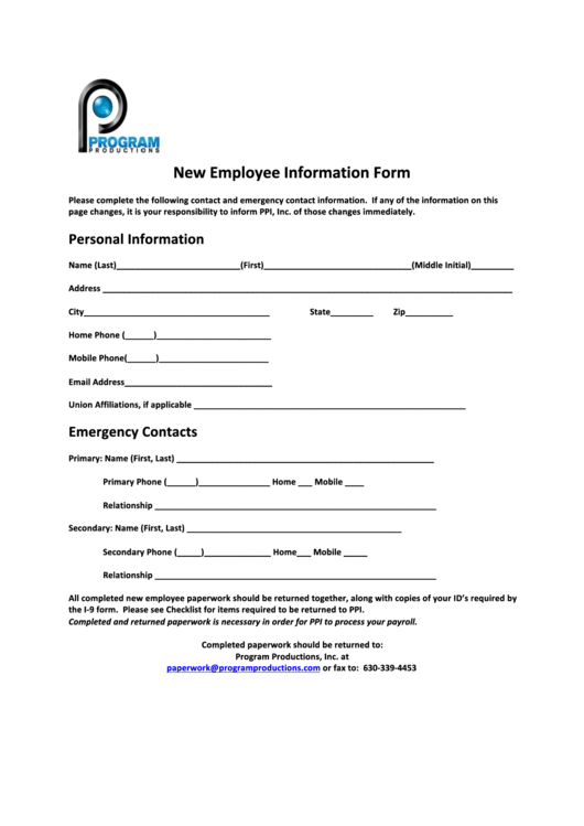 New Employee Information Form - Program Productions Printable pdf
