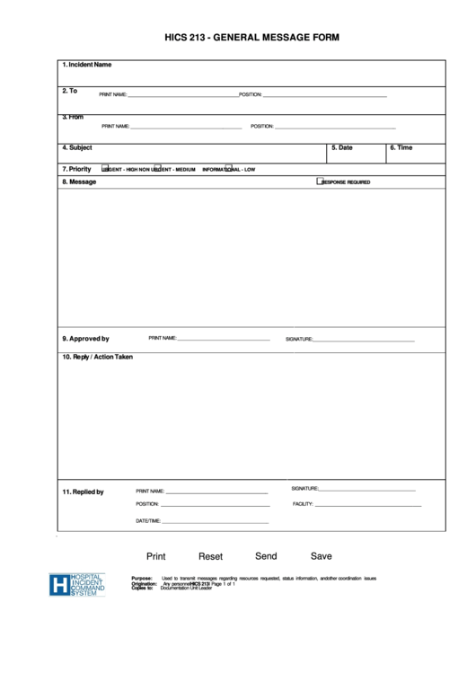 Fillable Hics 213 General Message Form Printable pdf