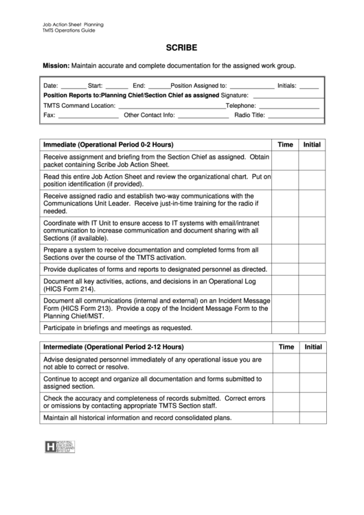 Hics Scribe Job Action Sheet Printable pdf