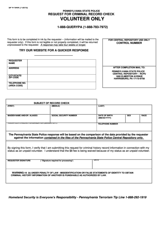Form Sp 4-164a - Pennsylvania State Police Request For Criminal Record Check - Volunteer Only Printable pdf