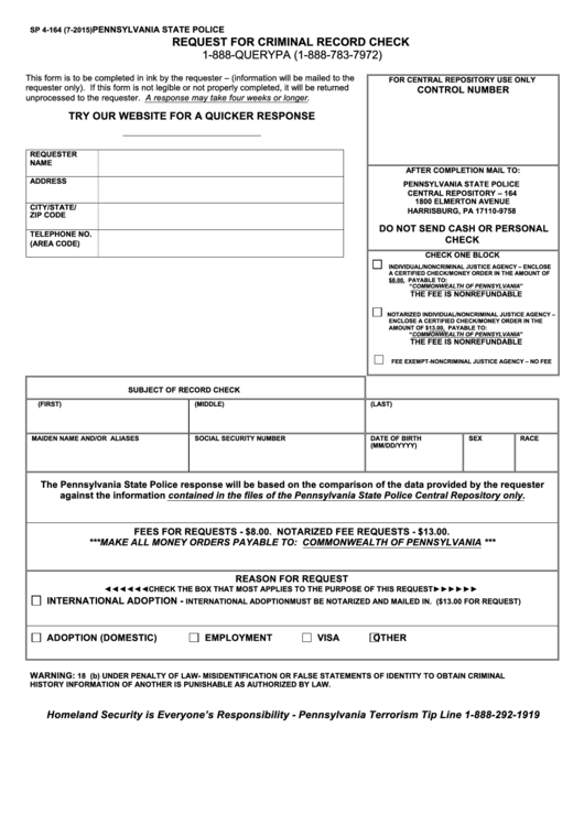 Form Sp 4-164 - Pennsylvania State Police Request For Criminal Record Check Printable pdf