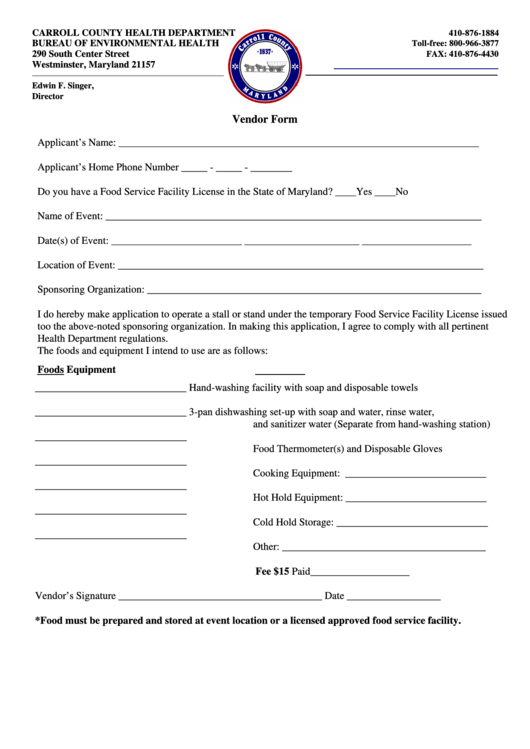 Vendor Form - Carroll County Health Department Printable pdf