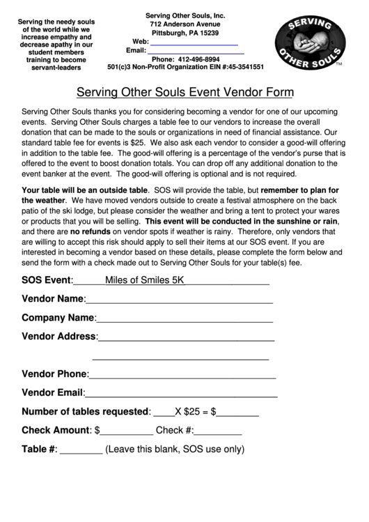 Serving Other Souls Event Vendor Form Printable pdf