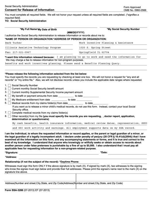 Fillable Form Ssa-3288 - Consent For Release Of Information - 2013 Printable pdf