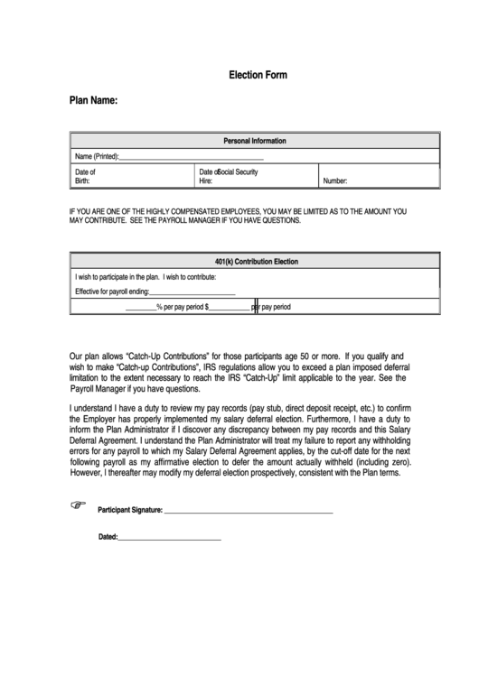 401(K) Deferral Election Form Printable pdf
