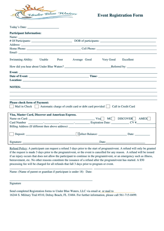 Event Registration Form - Under Blue Waters Printable pdf