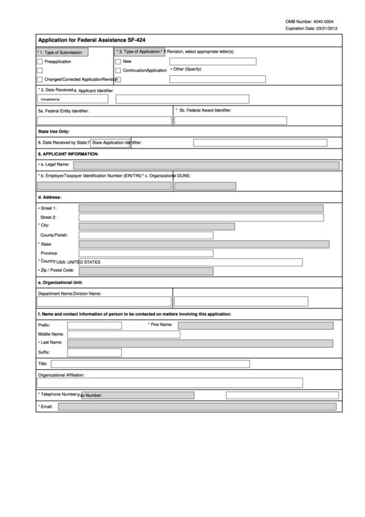 Fillable Form Sf424 Application For Federal Assistance printable pdf