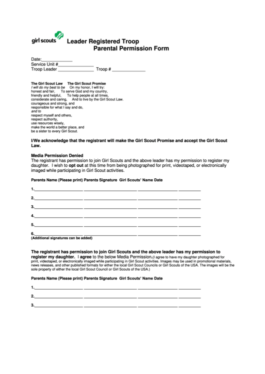 Leader Registered Troop Parental Permission Form Printable pdf