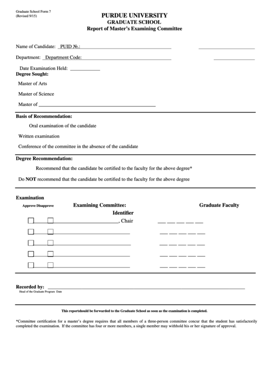 Fillable Graduate School Form 7 - Purdue University Printable pdf