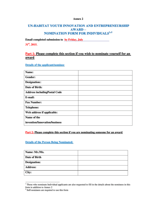 Nomination Form For Individuals - Un-Habitat Printable pdf