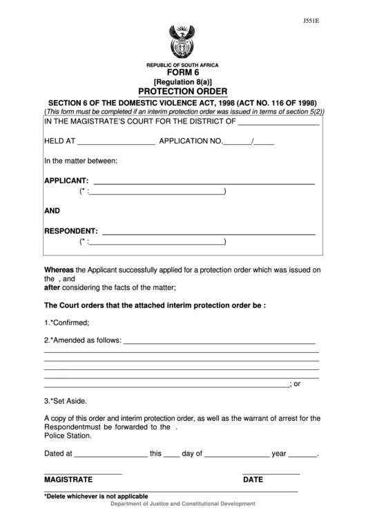 Fillable Form 6 Protection Order - Department Of Justice Printable pdf