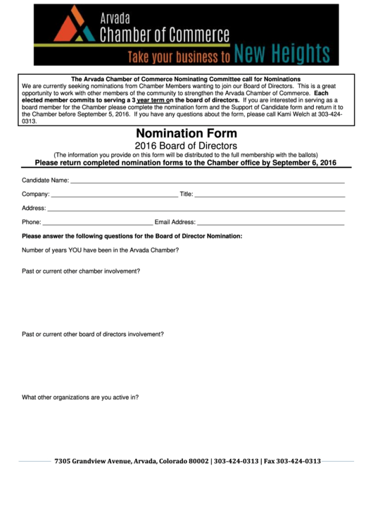 Nomination Form - Arvada Chamber Of Commerce Printable pdf