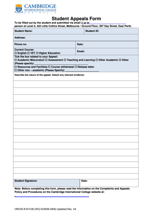 Fillable Student Appeals Form - Cambridge International College Printable pdf