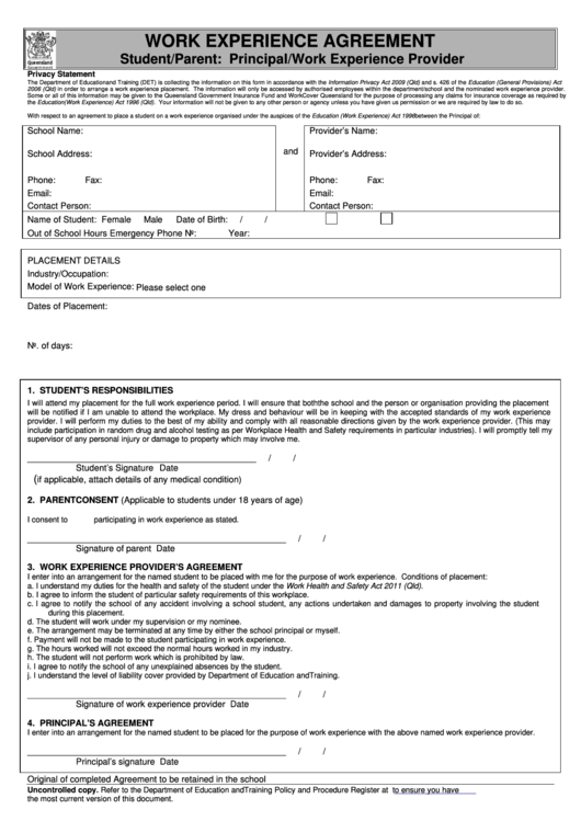 Fillable Work Experience Agreement Form - Policy And Procedure Register Printable pdf