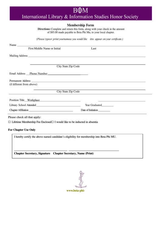 Membership Form - Beta Phi Mu Printable pdf