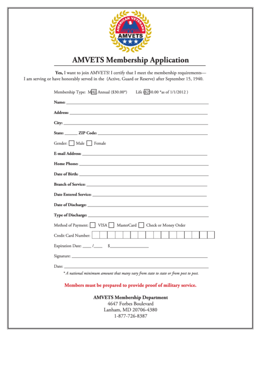 Fillable Amvets Membership Application Printable pdf