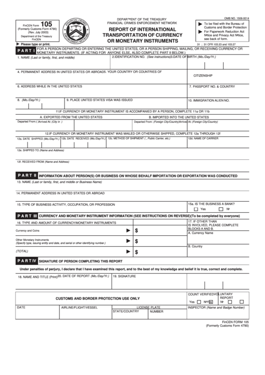 Fincen Form 105 - Report Of International Transportation Of Currency Or Monetary Instruments Printable pdf