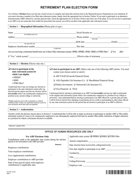 Fillable Retirement Plan Election Form - Strs Ohio Printable pdf