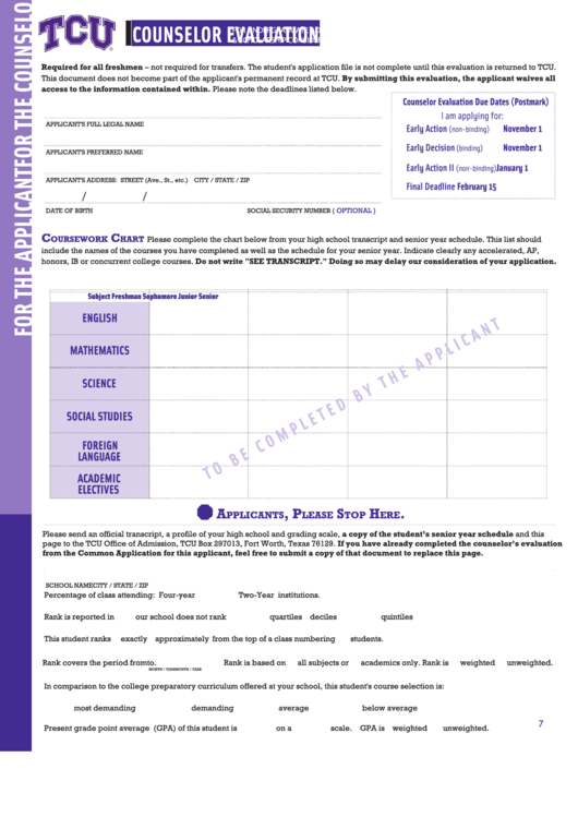 Fillable Counselor Evaluation - Tcu Admissions Printable pdf