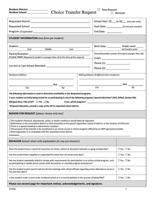 Fillable Choice Transfer Request - Camas School District Printable pdf