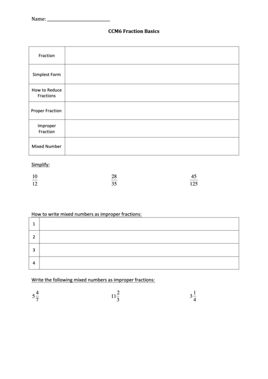 Name: Ccm6 Fraction Basics Simplify: 10 12 28 35 45 125 Ho Printable pdf