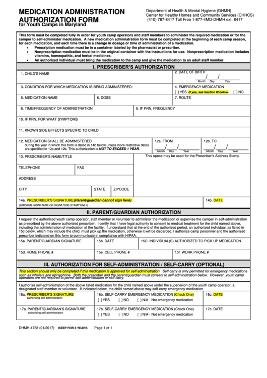 Dhmh-4758 - Medication Administration Authorization Form For Youth Camps In Maryland Printable pdf