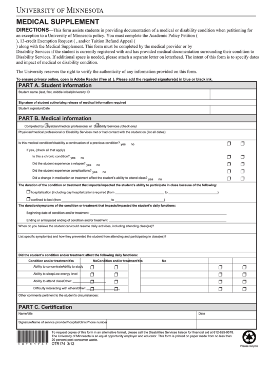 Fillable Medical Supplement Form - University Of Minnesota Printable pdf