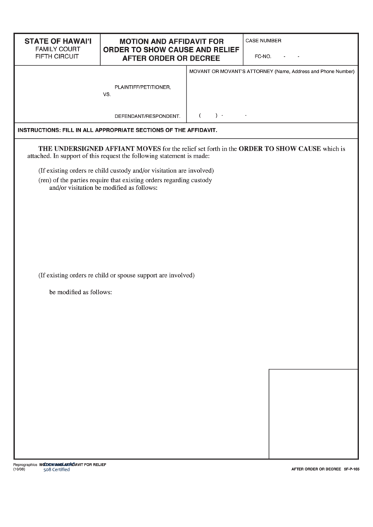Fillable Motion And Affidavit For Order To Show Cause After Order Or Decree Printable pdf