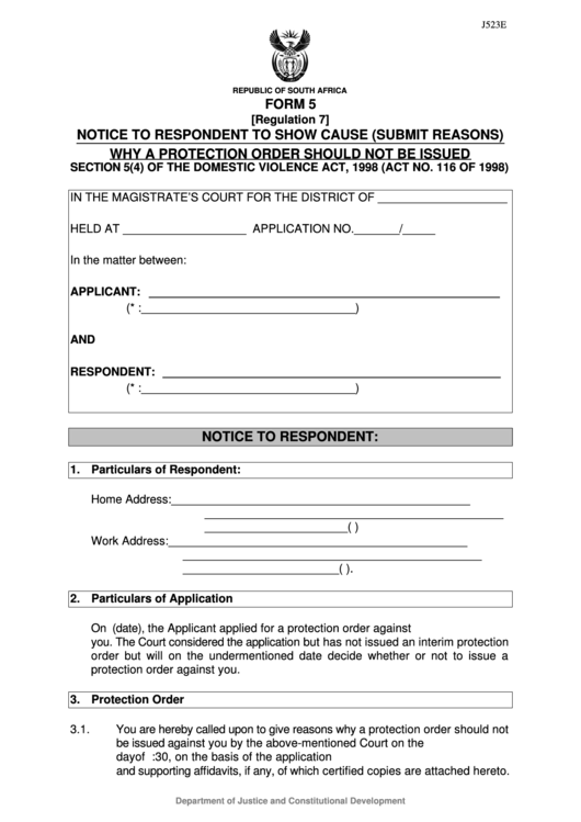 Fillable Form 5 Notice To Respondent To Show Cause - Department Of Justice Printable pdf