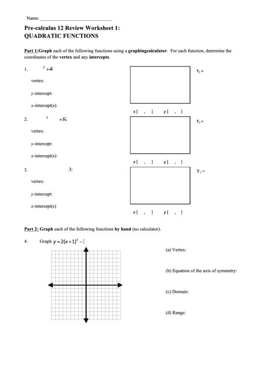 Review 1 - Quadratic Functions Printable pdf