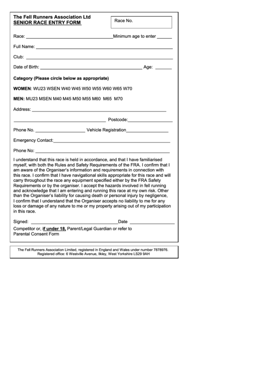 Mandatory Senior Entry Form - Fell Runners Association Ltd. Printable pdf
