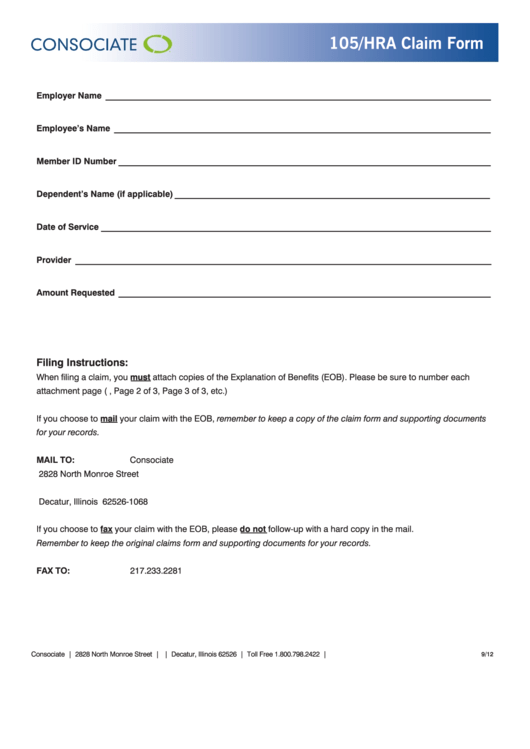 105/hra Claim Form - Consociate Printable pdf