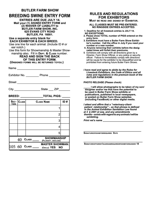 Fillable Breeding Swine Entry Form 105 60 40 - Butler Farm Show Printable pdf