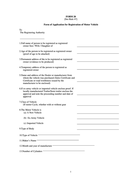 Form 20 - Form Of Application For Registration Of Motor Vehicle Printable pdf