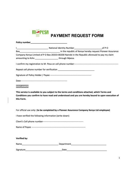 Payment Request Form - Pioneer Assurance Printable pdf