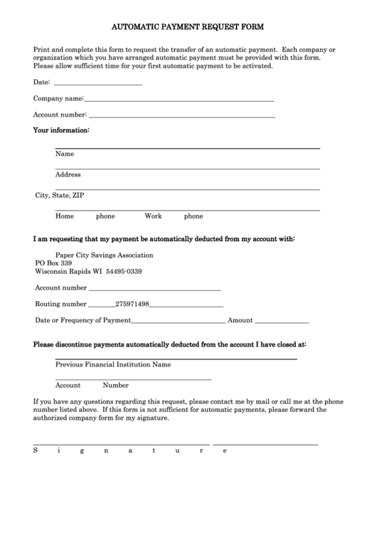 Automatic Payment Request Form - Paper City Savings Association Printable pdf