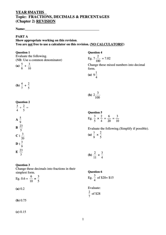year 8 fractions decimals percentages revision printable pdf download