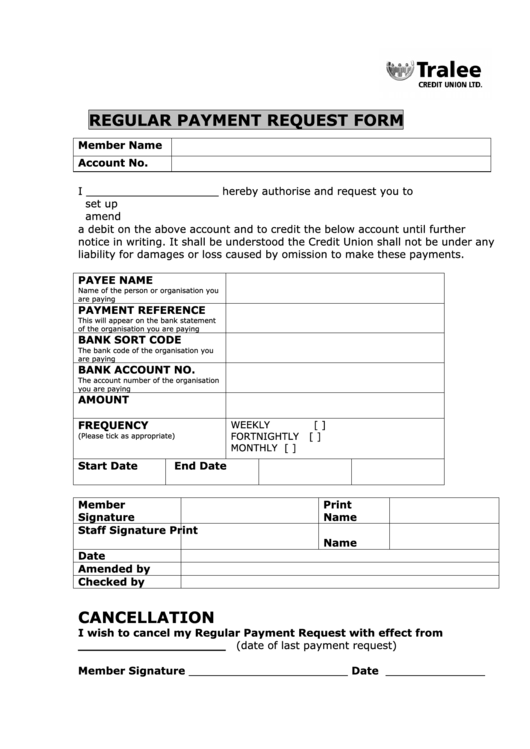 Regular Payment Request Form - Tralee Credit Union Ltd. Printable pdf