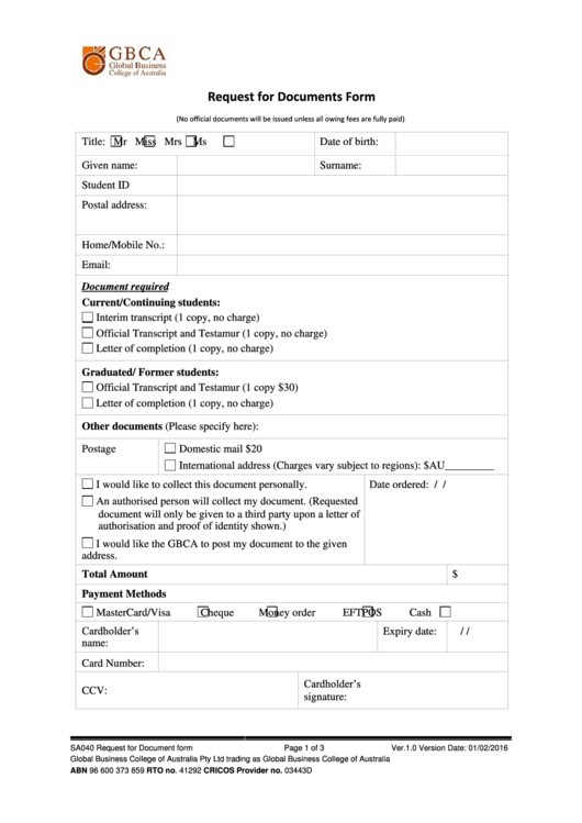 Request For Documents Form - Global Business College Of Australia